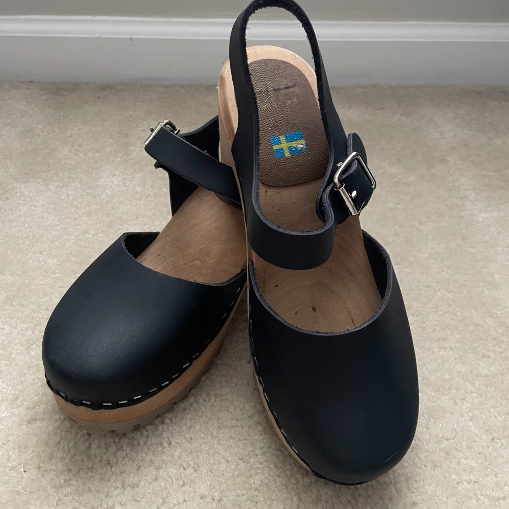 MIA Navy Leather Slingback Clogs